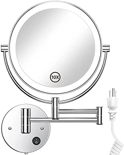 Gospire 8.5" Wall Mounted Lighted Magnifying Mirror, 1X/10X Double-Sided Magnification Round LED Cosmetic Vanity Bathroom Mirror Extendable Arm 360° Swivel for Shaving Makeup