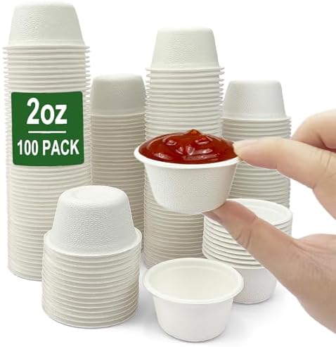 CAMKYDE 2 oz Disposable Bagasse Fiber Souffle Cups 100pk, 100% Natural Biodegradable Compostable Condiment Cups Sample Cups Tasting Cups (White, Pack of 100)
