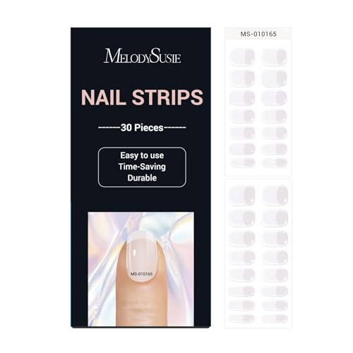 MelodySusie Semi Cured Gel Nail Strips (Classic White French)- Works with Nail lamp, Salon-Quality, Long Lasting, Easy to Apply & Remove - Includes 30Pcs, 2 Prep Pads, Nail File & Wooden Stick