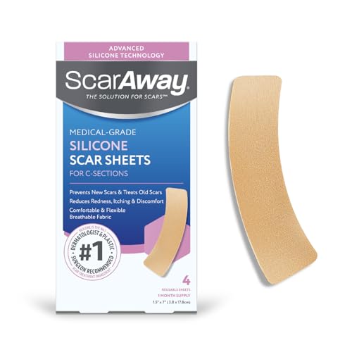 ScarAway Advanced Silicone Scar Sheets for C-Section, Reusable Strips (1.5” x 7”) for Hypertrophic and Keloid Scars from C-Section & Other Surgeries, 4 Sheets
