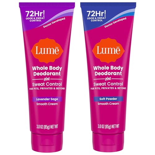 Lume Whole Body Deodorant Plus Sweat Control - Smooth Cream Tube - 72 Hour Odor And Sweat Control - Baking Soda Free, Skin Loving - 3.0 ounce, Pack of 2 (Soft Powder & Lavender Sage)