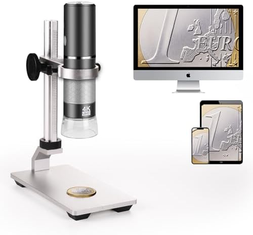 4K 3840x2160p WiFi Digital Microscope Camera with Adjustable Metal Stand, Wireless Portable Microscope for iPhone Android Phone and Windows Mac PC