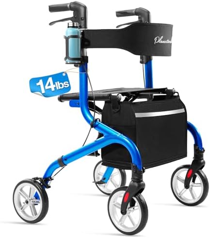 Super Lightweight Rollator Walker for Seniors, Foldable Rolling Walker with Seat and 8" Rubber Wheels for All Terrain, Upgraded Height Adjustment Button with Cup Holder, Blue