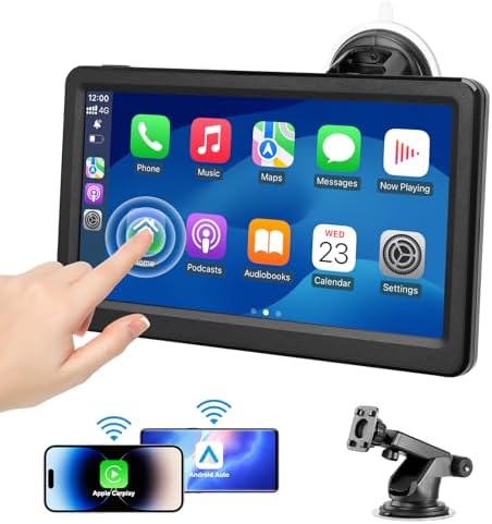 Wireless Apple Carplay Screen for Car, 7" HD Touch Screen Portable Car Stereo for Carplay & Android Auto, Pantalla para Carros with Bluetooth, AUX, FM Transmitter, Voice Control (Black)