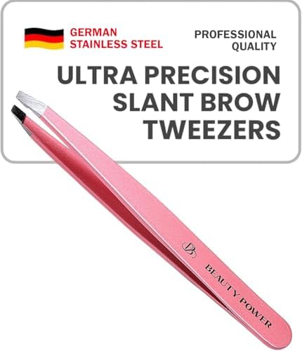 Professional Tweezers - Slant, Durable Lightweight German Stainless Steel, Ultra Precision Tweezers for Eyebrows, Facial Hair, Chin, and Ingrown Hair Removal - Gift (Pink)