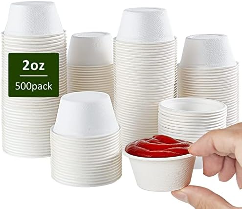 Vplus 500 Pack 2 OZ Disposable Souffle Cups, 100% Compostable Portion Cups, Food Sample Cups Made From Bagasse Fibe, Perfect For Dips, Jams, Honey, Sauces, Nuts