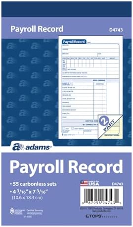Adams Employee Payroll Record Book, 4.19 x 7.19 Inches, White and Canary, 2-Part, 55 Sets (D4743)