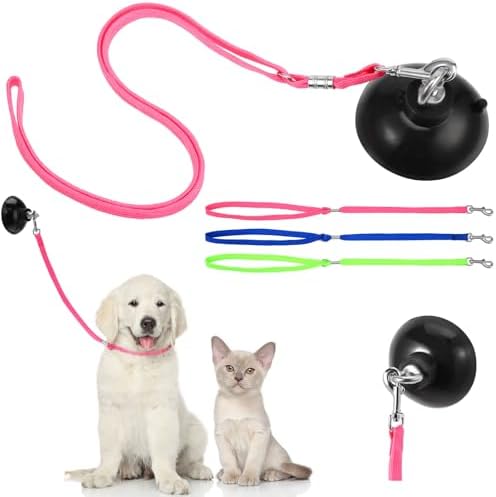 Frienda 4 Pieces Dog Bathing Tether with Suction Cup Pet Dog Grooming Tub Restraint Loops and Adjustable Cat Fixed Safety Rope for Pet Shower Bathing Grooming(Blue Pink Bright Green)