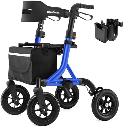 Rollator Walker for Seniors, Foldable All Terrain Rolling Walker with seat, Aluminum Walkers with 10 inch Rubber Wheels, Built-in Cable, Cup Holder, Adjustable Handles and Backrest for Seniors, Blue