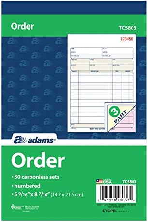 Adams Carbonless Order Book, 5.56 x 8.44 Inch, 3-Part, Carbonless, 50 Sets, White, Canary, Pink (TC5803)