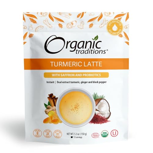 Organic Traditions Superfood Turmeric Latte Instant Golden Milk Powder (Mylk) Caffeine Free Latte Blend Turmeric Powder Organic, 150g/5.3oz Bag