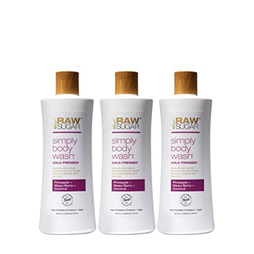 RAW SUGAR Simply Body Wash - Pineapple + Maqui Berry + Coconut, Moisturizing & Brightening Bath & Shower Gel, Sulfate-Free, Paraben-Free & Vegan (Pack of 3)