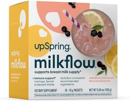 UpSpring Milkflow Immune Support Breastfeeding Supplement Drink Mix Fenugreek-Free, Moringa Elderberry Lemonade Flavor, Lactation Supplement to Support Breast Milk Supply, 16 Mixes
