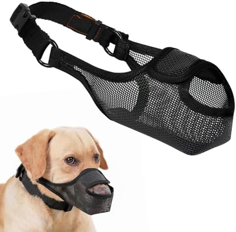 LUCKYPAW Dog Muzzle, Patented Mesh Muzzle for Large Medium Small Dogs Allows Full Pant Drinking Mouth Cover to Prevent Biting Chewing Scavenging Adjustable Breathable Mouth Guard(Black,M)