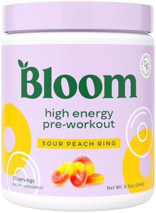 Bloom Nutrition High Energy Pre Workout Powder, Amino Energy with Beta Alanine, Ginseng & L Tyrosine, Natural Caffeine Powder from Green Tea Extract, Sugar Free & Keto Drink Mix (Sour Peach Ring)