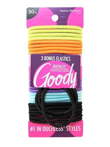 Goody Ouchless Women's Elastic Hair Ties - Assorted Neon, 30 Count + 3 Bonus - 4MM for Medium Hair - Long-Lasting Braids, Ponytails, and More - Pain-Free Hair Accessories (Packaging May Vary)