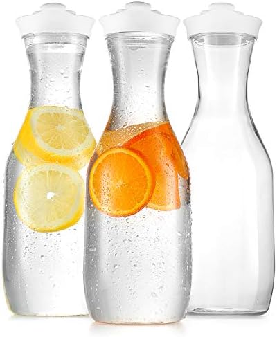 DilaBee Water Carafe with Lids - 50 Oz - Plastic Juice Pitcher Carafes for Mimosa Bar, Milk, Smoothie, Iced Tea - Drink Containers for Fridge - Food Grade, BPA-Free - 3 Pack - Not Dishwasher Safe