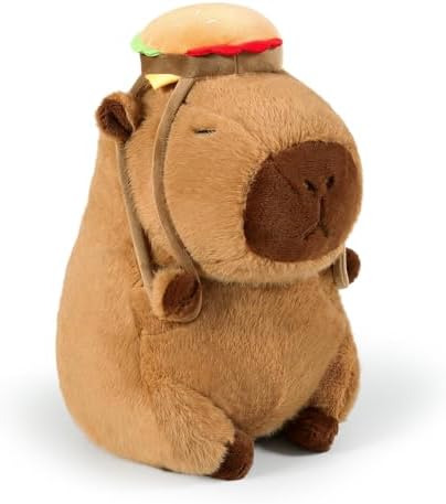 Ditucu Cute Capybara Plush with Hamburger Backpack Soft Capibara Stuffed Animals Plushies Toys Hugging Gifts for Kids Brown 9 inch