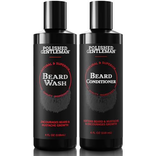 Polished Gentleman Beard Wash and Conditioner Set - Softens and Strengthens - Beard Shampoo with Growth Oil - Moisturizer & Beard Thickener - Tea Tree Unscented - Paraben-Free & Sulfate-Free (4oz)