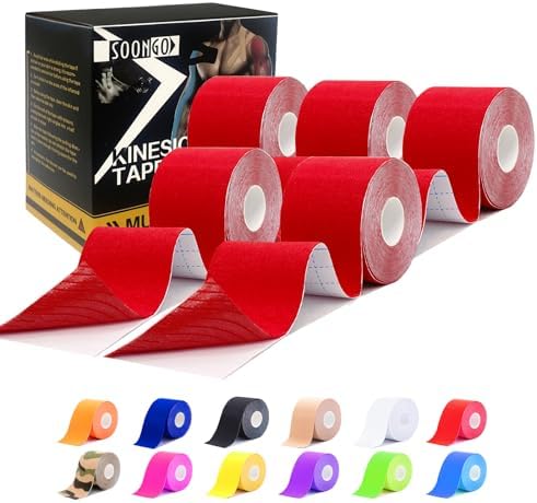 SOON GO Kinesiology Tape Pro 5 Rolls, 2 Inch High Elasticity Sports Tape Therapeutic Pain Relief–Physio Tape for Muscle Recovery & Joint Support, Waterproof & Hypoallergenic & Breathable–Red
