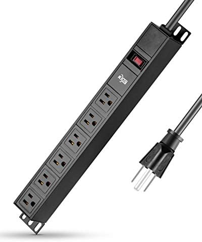 KMC 6-Outlet Metal Power Strip Surge Protector, Metal Mounting Brackets, 6 Foot Extension Cord, 1800 Joules, 125V/15A, Black