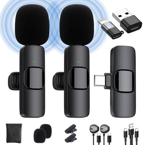 Wireless Lavalier Microphone for iPhone/Android Phone/Laptop, Plug-Play Clip on Lapel Mic with Auto Noise Reduction for Video Recording, Live Broadcast, Interview, TikTok, YouTube (2 Mics)
