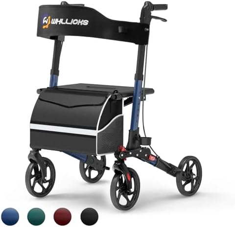 Rollator Walkers for Seniors with Seat, No Assembly Foldable 8" Non-Slip Big Wheels All Terrain Lightweight Durable Aluminum Rolling Walker with Comfortable Backrest