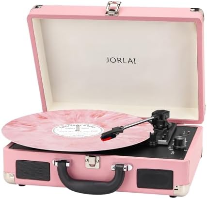 Vinyl Record Player 3 Speed Turntable with Bluetooth, Built in Battery, Portable Suitcase, Built in Speakers, 3.5mm Headphone Jack Aux in/RCA Out Pink for Home Decoration Gift