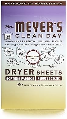 MRS. MEYER'S CLEAN DAY Dryer Sheets, Fabric Softener, Reduces Static, Infused with Essential Oils, Compassion Flower, 80 Count
