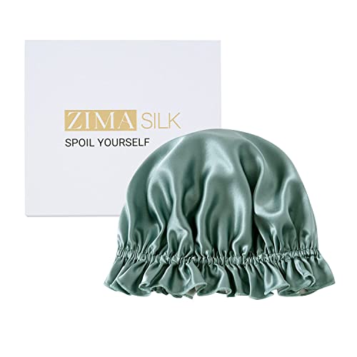 ZIMASILK 100% Mulberry Silk Bonnet for Women Hair Care, Double Layered, Silk Hair Wrap for Sleeping with Elastic Stay On Head (1Pc, Greyish Green+Ivory)