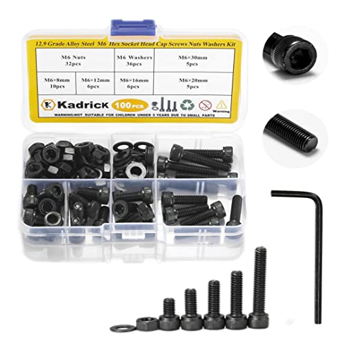 Kadrick Metric Screws Assortment,100 Pcs M6 Screws,Hex Socket Head Cap Bolts,M6*8mm/12mm/16mm/20mm/30mm Screws Nuts and Washers, 12.9 Grade Alloy Steel,Black Zinc Plated,Anti Rust Upgrade