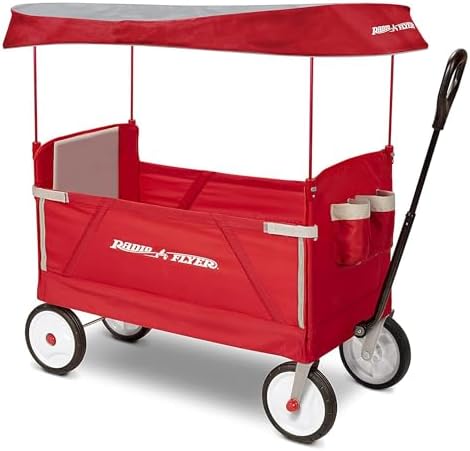 Radio Flyer 3 in 1 EZ Fold Stroller Wagon with Canopy and Adjustable Handle, Red