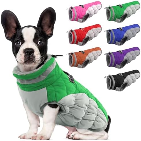 LeLePet Dog Warm Winter Coat, Waterproof Fleece Vest with Harness, Turtleneck, Reflective Strip, Small (Green, Cold Weather Coat)