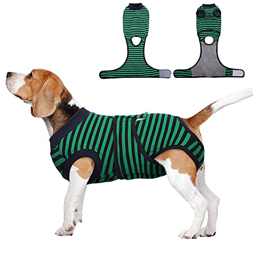 FUAMEY Recovery Suit for Dogs After Surgery,Soft Breathable Dog Bodysuit E-Collar & Cone Alternative Surgical Suit,Male Female Dog Neuter Spay Suits Anti Licking Wounds Onesie Green Black Stripes S