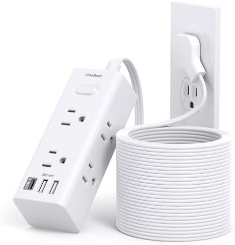 25Ft Extension Cord with Multiple Outlets, Flat Plug Power Strip Surge Protector with 25 Ft Long Cord, 6 Outlet 3 USB Ports (1 USB C), Multi Outlet Wall Plug for Travel, College, Dorm Room Essentials