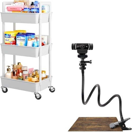Pipishell 3 Tier Rolling Cart Organizer with 25 Inch Webcam Stand, Flexible Desk Mount Clamp Gooseneck Stand for Logitech Webcam C960 C930e C930 C920 C920S C922x C922 Brio 4K C925e C615 and Other Devi