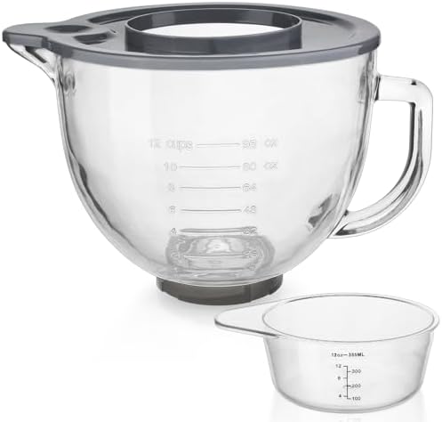 Glass Mixing Bowl Accessory 5 Quart - Compatible with KitchenAid 4.5 and 5 Quart Tilt-Head Stand Mixers (With Measuring Cup Lid)