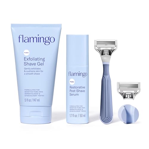 Flamingo Pubic Hair Razor for Women, Shaving Kit - 1 Pubic Razor - Exfoliating Shave Gel 5 fl oz - Restorative Post Shave Serum 1.7 fl oz
