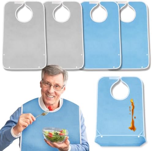 4 Pack Terry Cloth Adult Bibs with Crumb Catcher, Washable Adjustable Adult Bibs for Unisex Men Women Elderly Seniors
