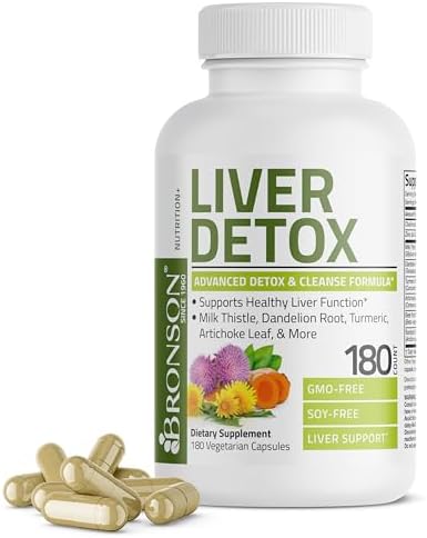 Bronson Liver Detox Advanced Detox & Cleansing Formula Supports Health Liver Function with Milk Thistle, Dandelion Root, Turmeric, Artichoke Leaf & More, Non-GMO, 180 Vegetarian Capsules