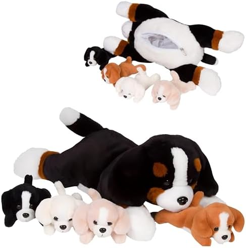 PixieCrush Dog Stuffed Animals - Bernese Mommy with 4 Puppies in Her Tummy - Huggable and Fluffy Dog Plushies for Imaginative Play - Plush Toys Suitable for Kids 3 Years Old and Above - 5" x 10" x 8"
