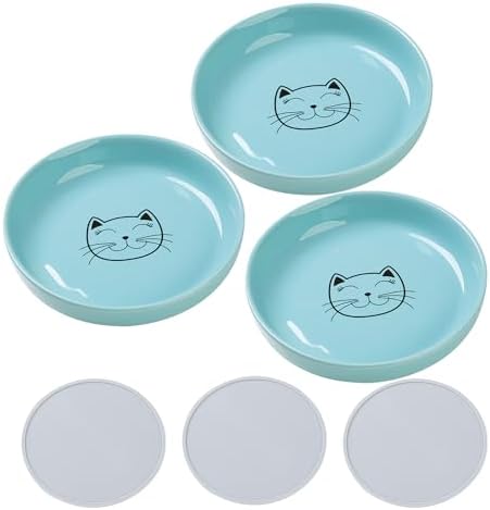 Shallow Cat Food Bowls - 5.9 Inch Wide Ceramic Anti Whisker Fatigue Cat Dishes Set With Non-Slip Silicone Mat - Kitten Plates for Food and Water - 3 Pack (Blue)