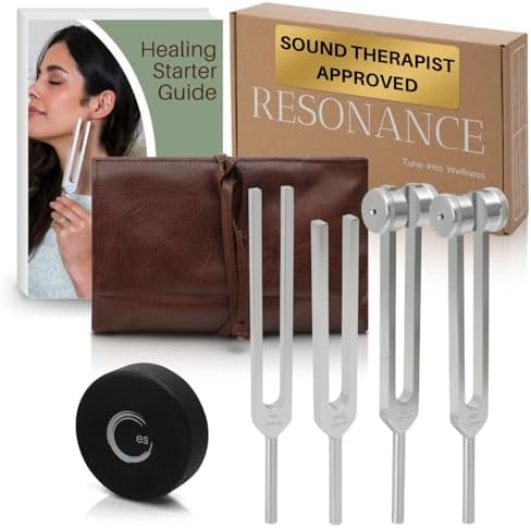 Resonance Tuning Forks for Healing Set - 128Hz, 136.1Hz, 256Hz, 384Hz Weighted & Unweighted Tuning Fork Set Includes Hockey Puck Activator - Chakra Sound Therapy Instruments in a Vegan Leather Pouch