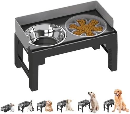 PAKEWAY Elevated Dog Bowls, Spill Proof, Tiltable Dog Feeder with 1 Stainless Steel Bowl &1 Slow Feeder Bowl, 6 Height Adjustable Raised Dog Bowls Stand for Medium Large Dogs