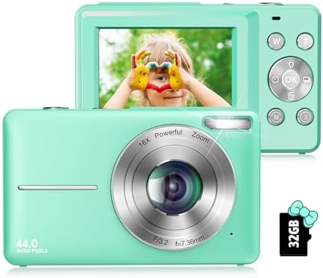 Toberto Digital Camera, 1080P 44MP Digital Cameras, Point and Shoot Camera for Kids with 16X Zoom, Anti-Shake, Compact Small Travel Camera for Beginner Children Boys Girls Teens (Green)