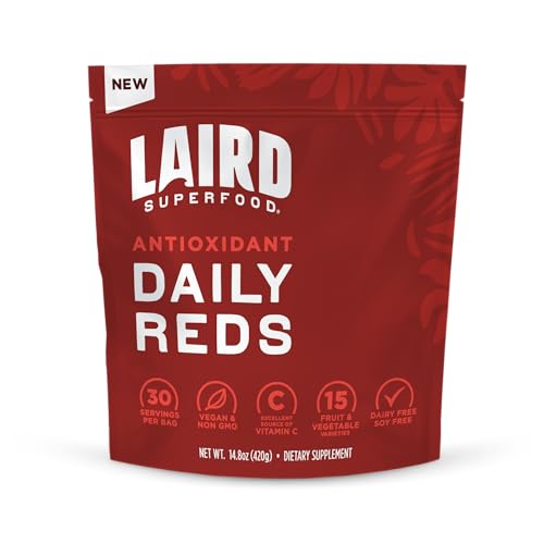 Laird Superfood Antioxident Daily Reds Powder, Free Radical Fighting Blend, Vitamin C, Manganese, 2 Servings of Fruits and Vegetables Per Serving, 14.8oz Bag (30 Servings)