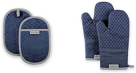 KitchenAid Asteroid Pot Holder and Oven Mitt Set, Blue Willow