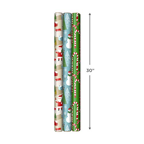 Hallmark Reversible Christmas Wrapping Paper (3 Rolls: 120 sq. ft. ttl) Rustic Santa, Papercraft Snowmen, Candy Canes, Stripes, Snowflakes, "Merry Christmas to You"