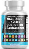 Clean Nutraceuticals NAC Supplement 1000mg with Vitamin D3, K2, Zinc, Quercetin, Elderberry, and More, 60 Capsules