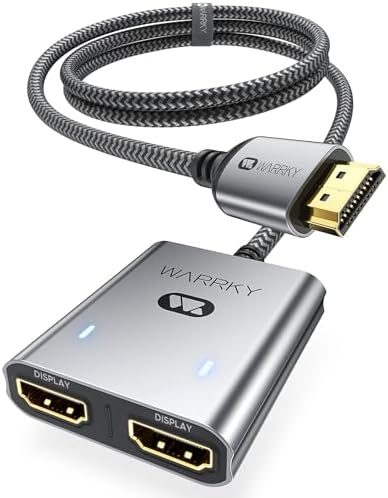 Warrky HDMI Splitter 4K, 1x2 HDMI Display Duplicate/Mirror (Not Extend Different Display), HDMI Splitter 1 in 2 Out [Metal Shell, 3.3 Ft Braided HDMI Cable], USB-C Powered Splitter, Grey-4K UHD